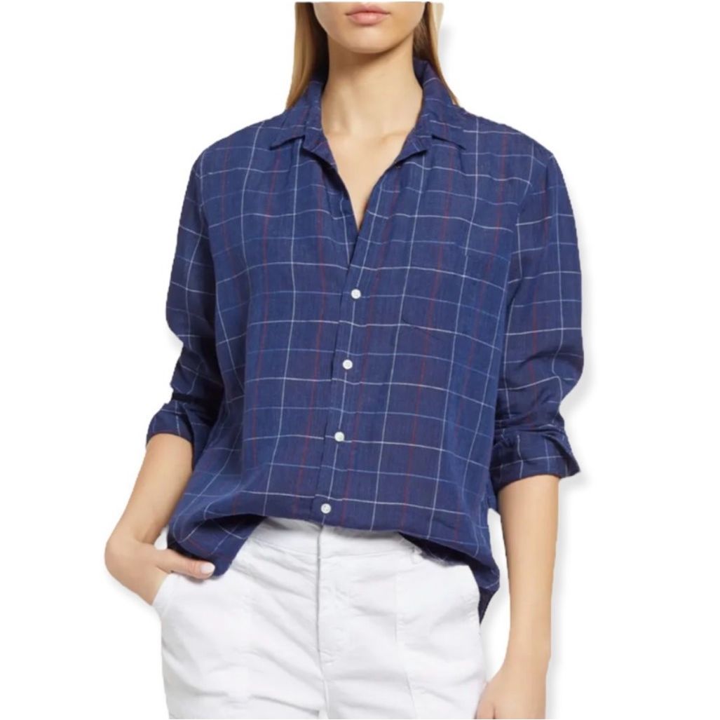 Xirena Scout Tattersall Plaid Button-Down Sz Small Shirt Riviera Blue